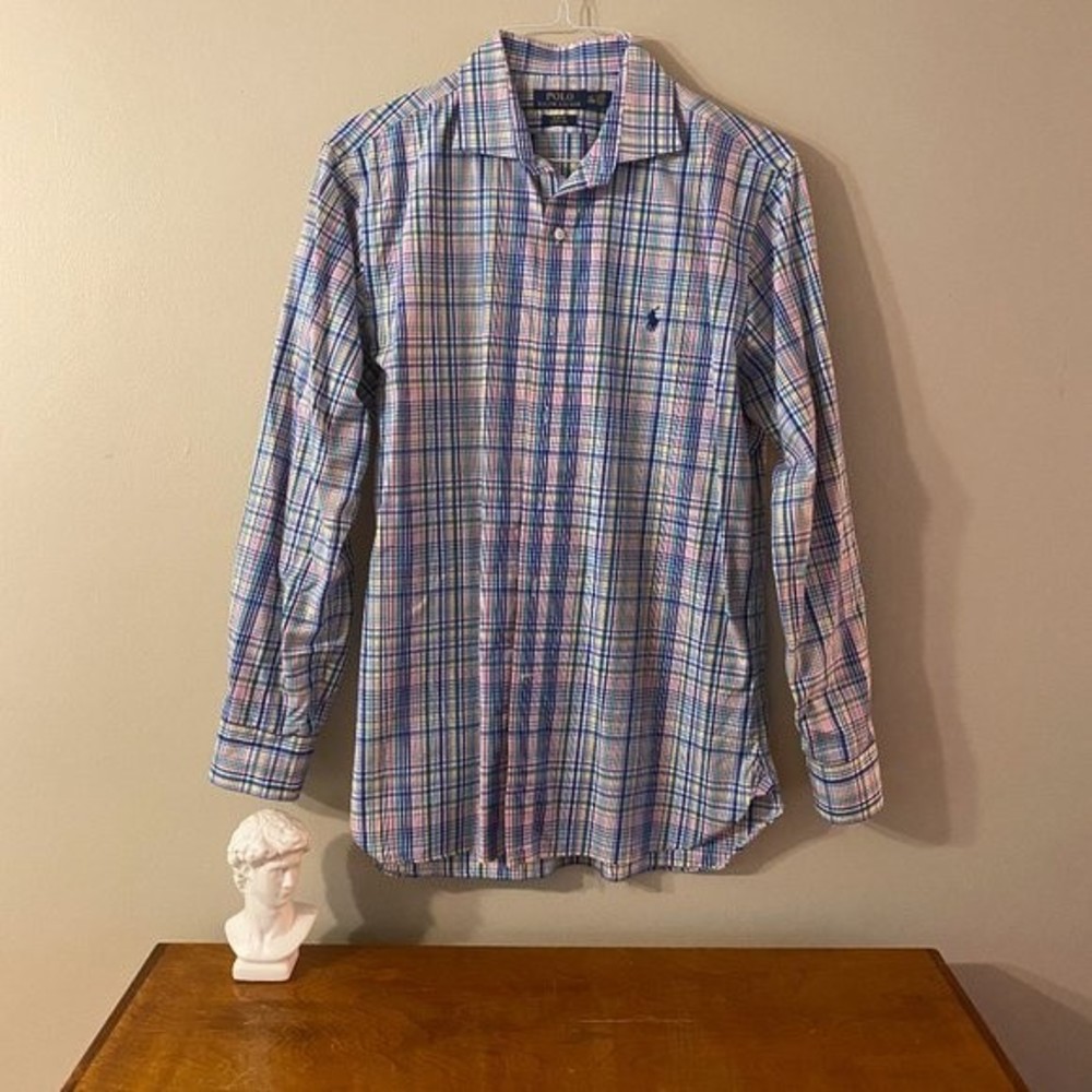 Polo Ralph Lauren, Men's 16.5 - 34/35 LS, 100% Cotton, Plaid pastel colors